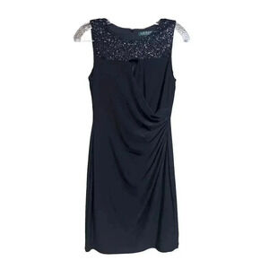 Lauren Ralph Lauren Dress Size 6P Black Sequin Bodycon Sleeveless Jersey Party